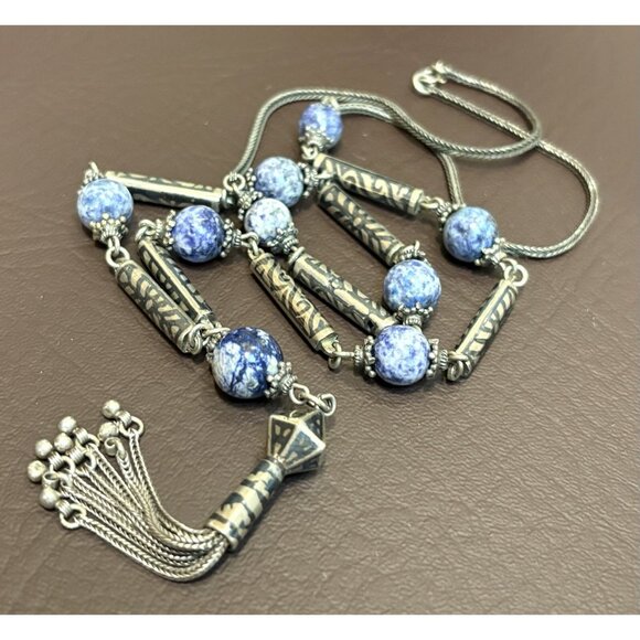 800 & 925 Silver Sodalite Prayer? Tassel Foxtail Chain Bali Beads Necklace 27” - Picture 3 of 12